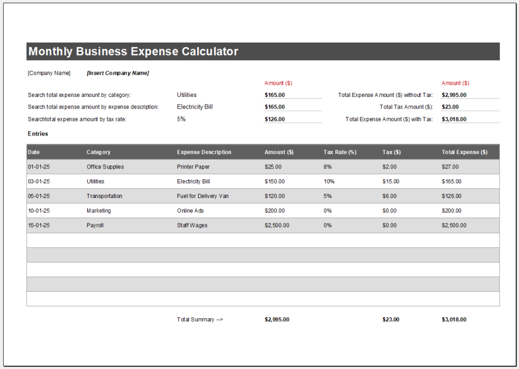 Monthly Business Expense Calculator