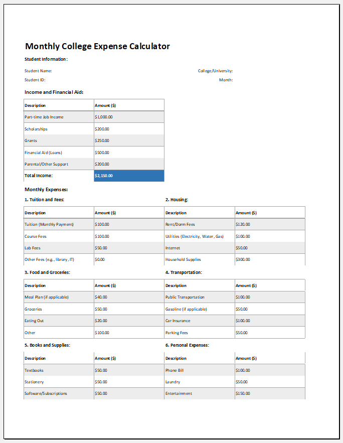 Monthly College Expense Calculator