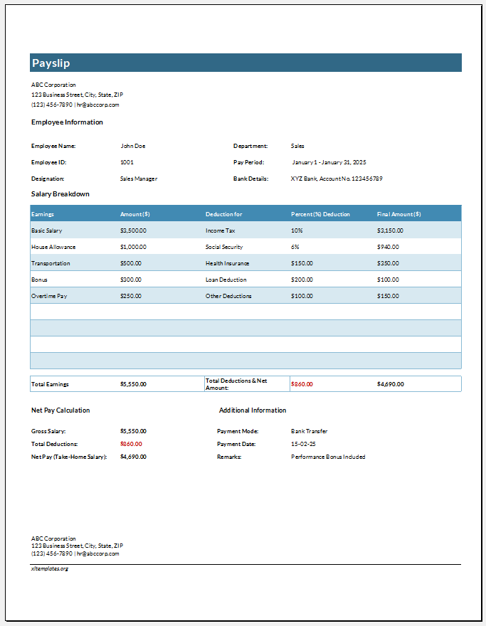 Monthly Payslip Template for Excel