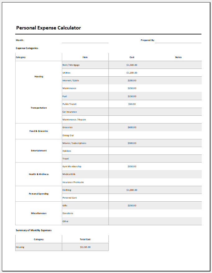 Personal Expense Calculator Template