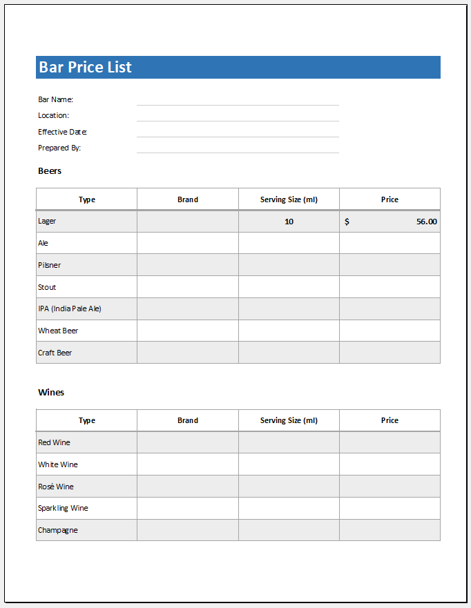 Bar Price List Template