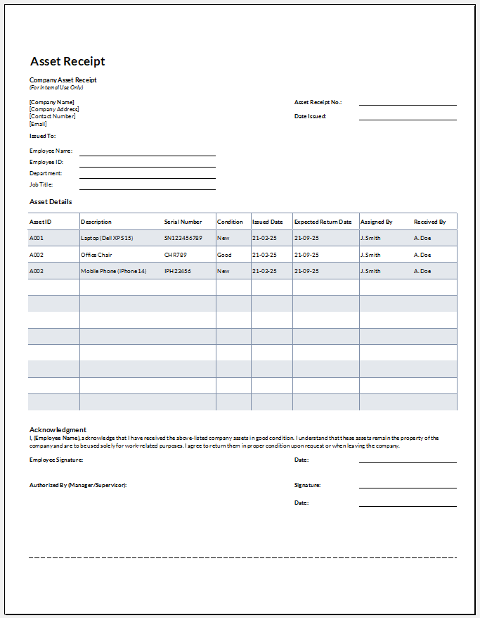 Company Asset Receipt Template for Excel