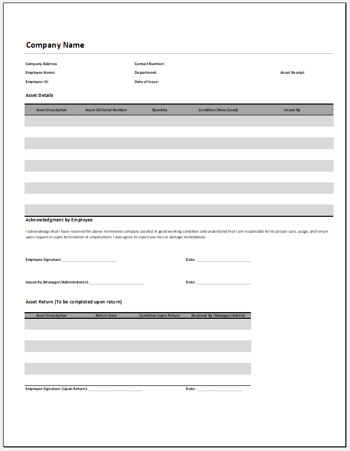 Company Asset Receipt Template