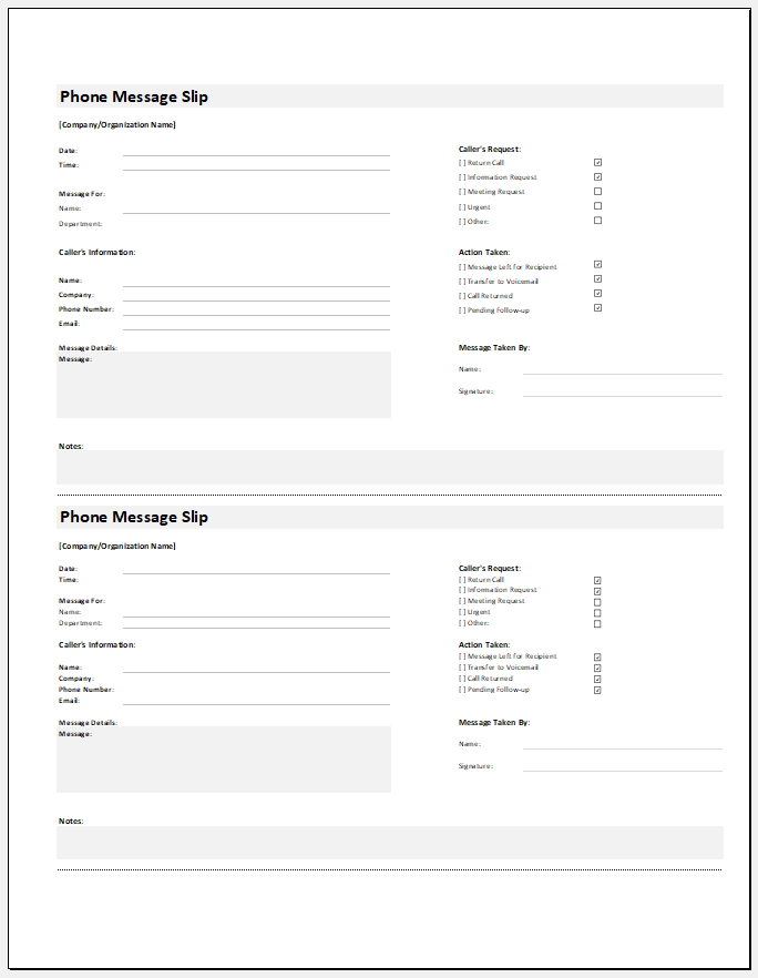 Phone Message Slip Template