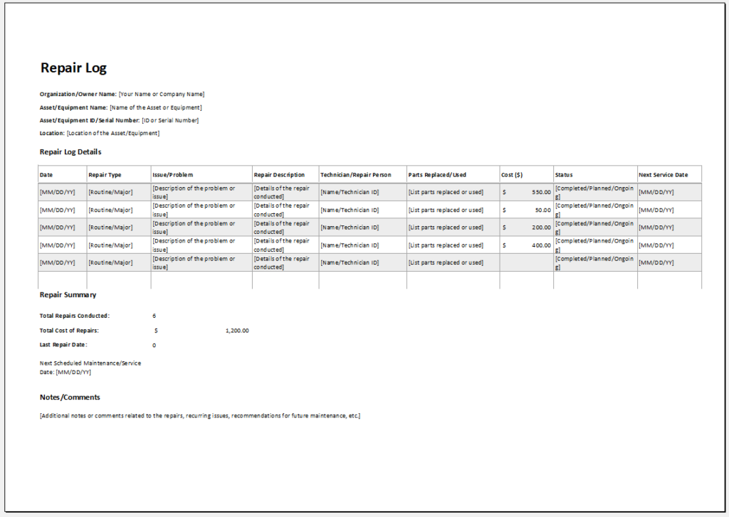 Repair Log Template