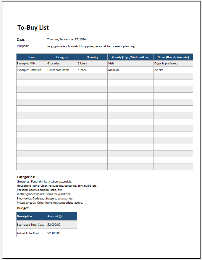 To-buy List Template for Excel