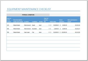 Equipment Maintenance Checklist Template for Excel | Save