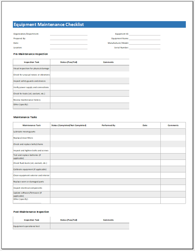 Equipment maintenance checklist