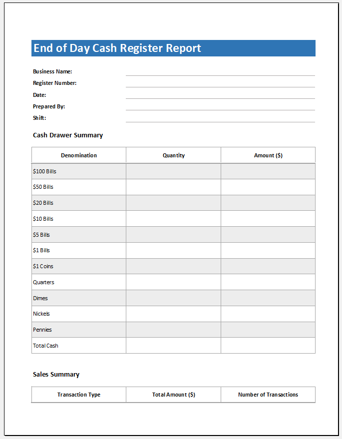 End of Day cash register report template