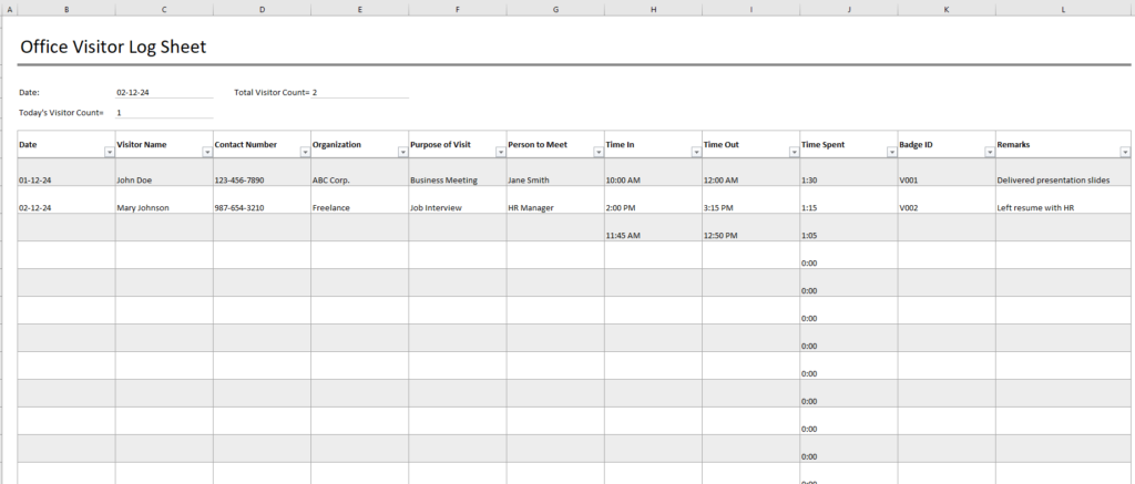 Office Visitor Log Sheet Template