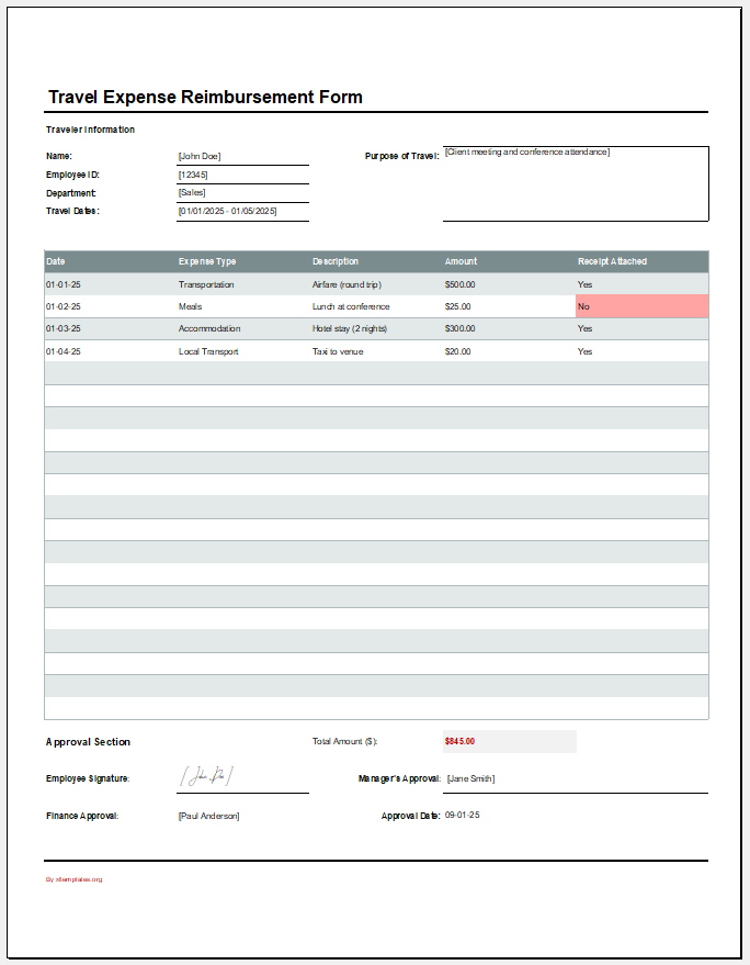 Travel Expense Reimbursement Form