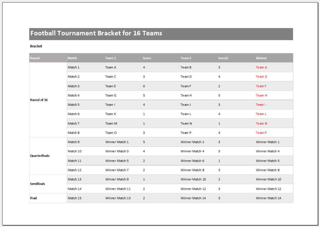 Football Tournament Bracket for 16 Teams