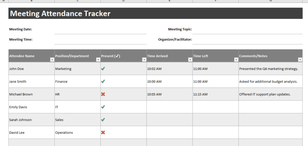 Meeting Attendance Tracker Template