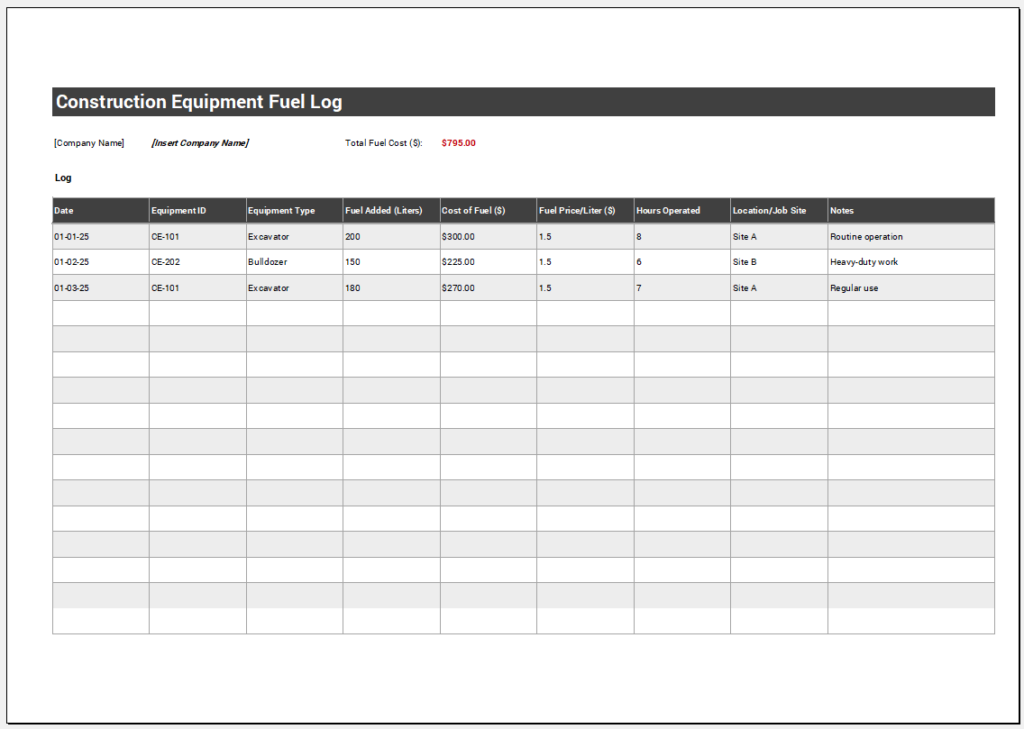 Construction Equipment Fuel Log Template