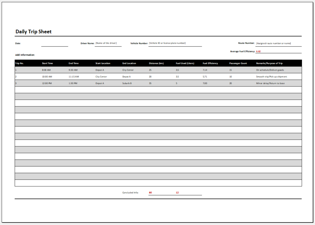 Daily Trip Sheet Template