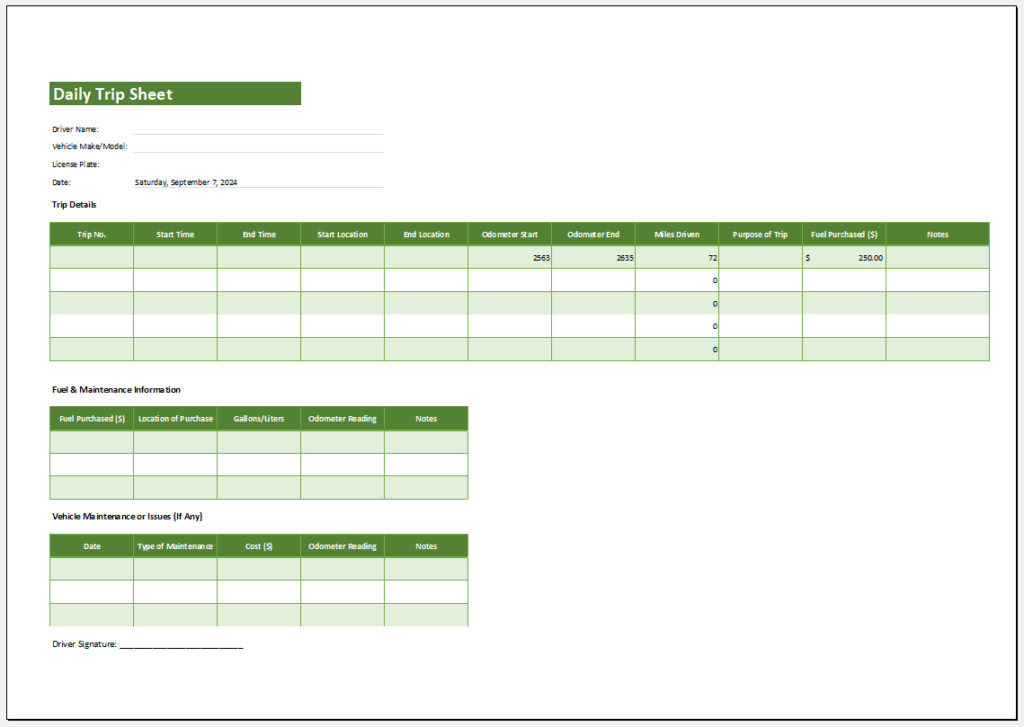 Daily trip sheet template