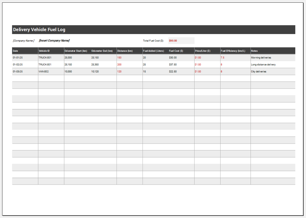 Delivery Vehicle Fuel Log Template for Excel