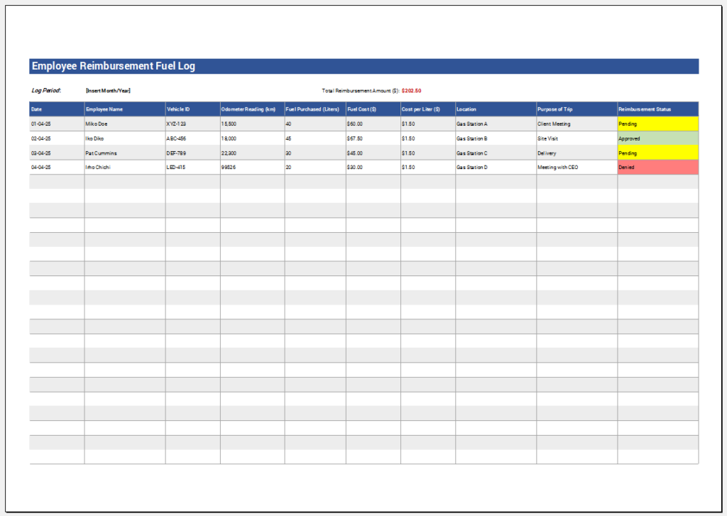 Employee Reimbursement Fuel Log