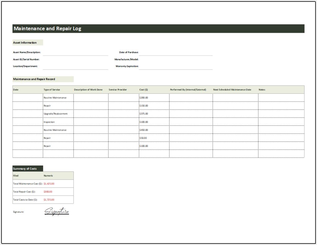 Maintenance and Repair Log