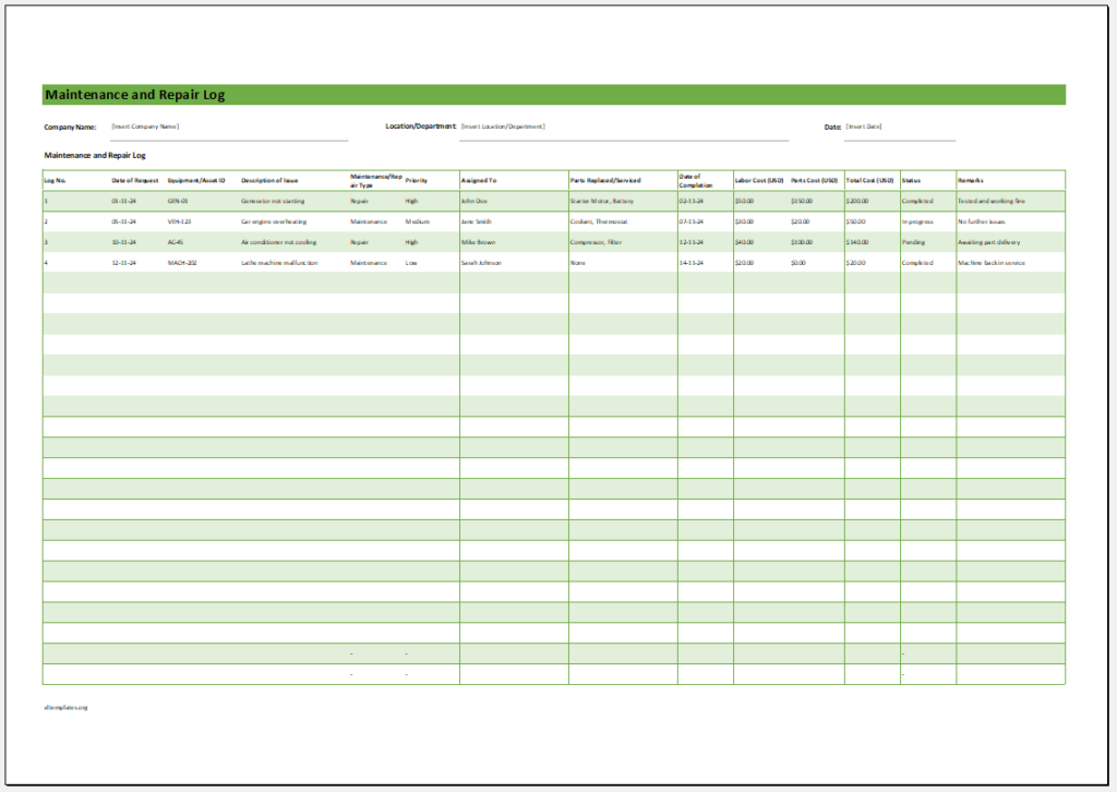 Maintenance and Repair Log Template