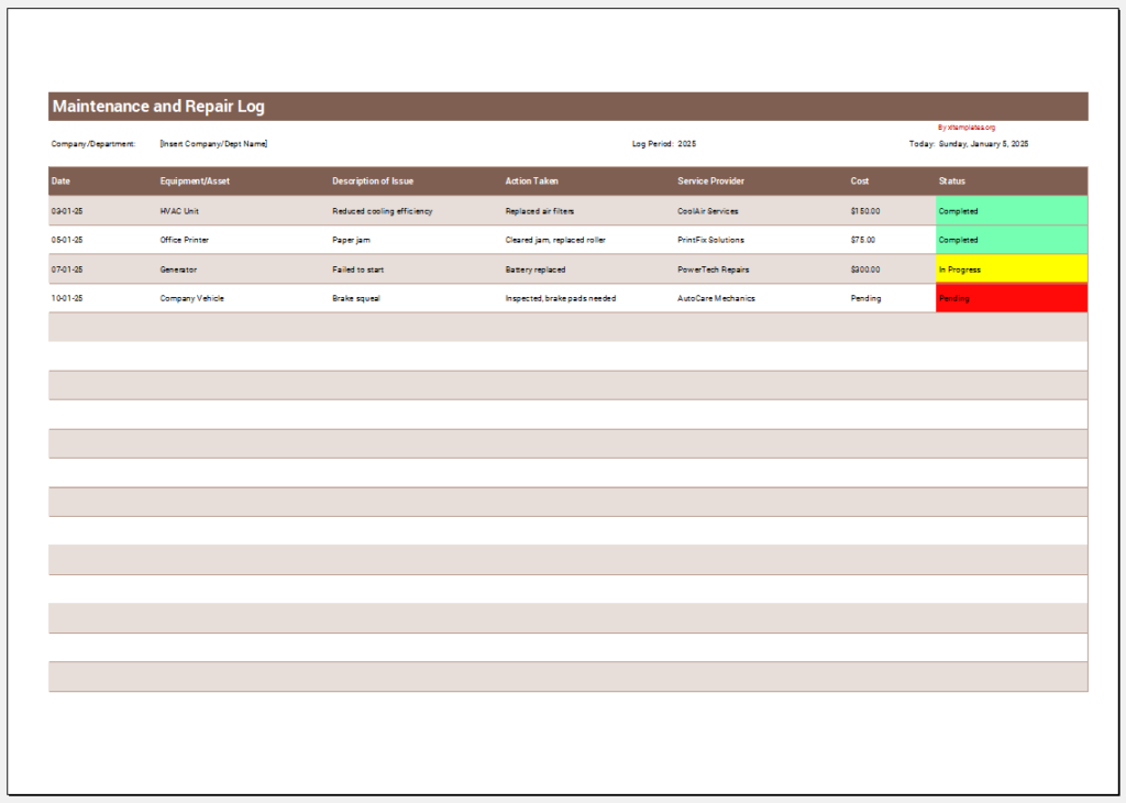 Maintenance and Repair Log Template for Excel