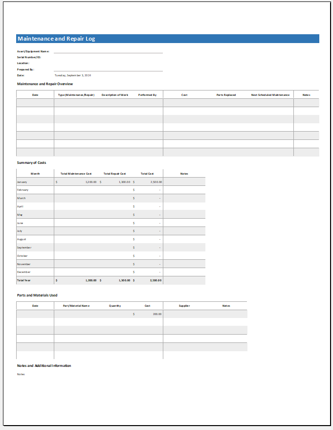 Maintenance and Repair Log