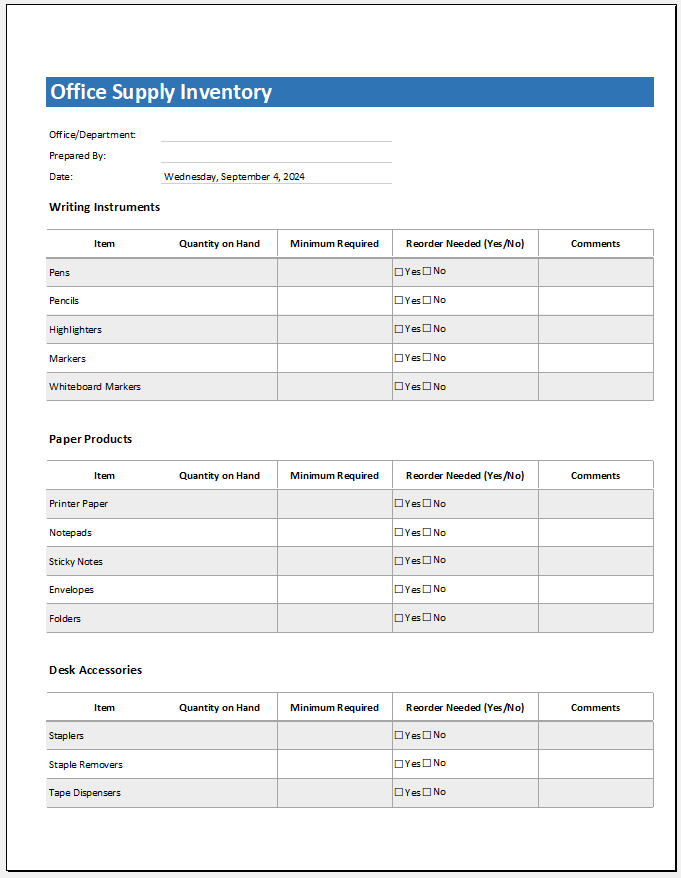 Office Supply Inventory Template