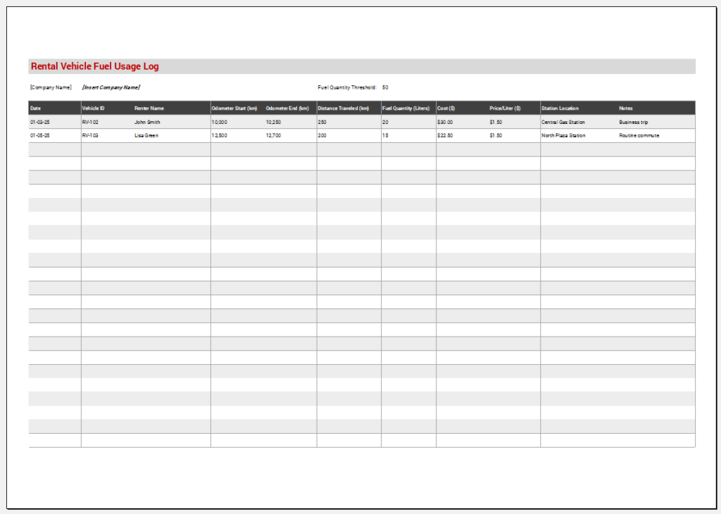 Rental Vehicle Fuel Usage Log