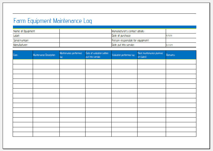 Printable Equipment Maintenance Log Template Excel Printable Templates