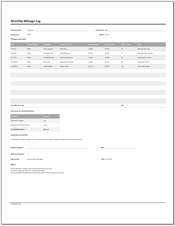 Monthly Mileage Log Template for Excel