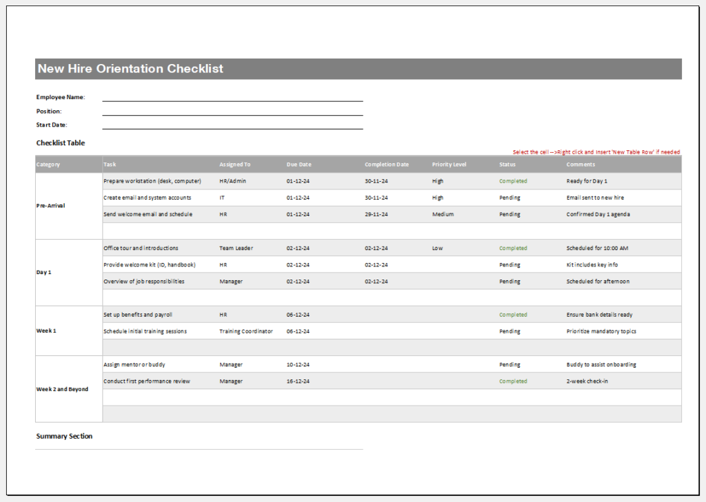 New Hire Orientation Checklist Template for Excel