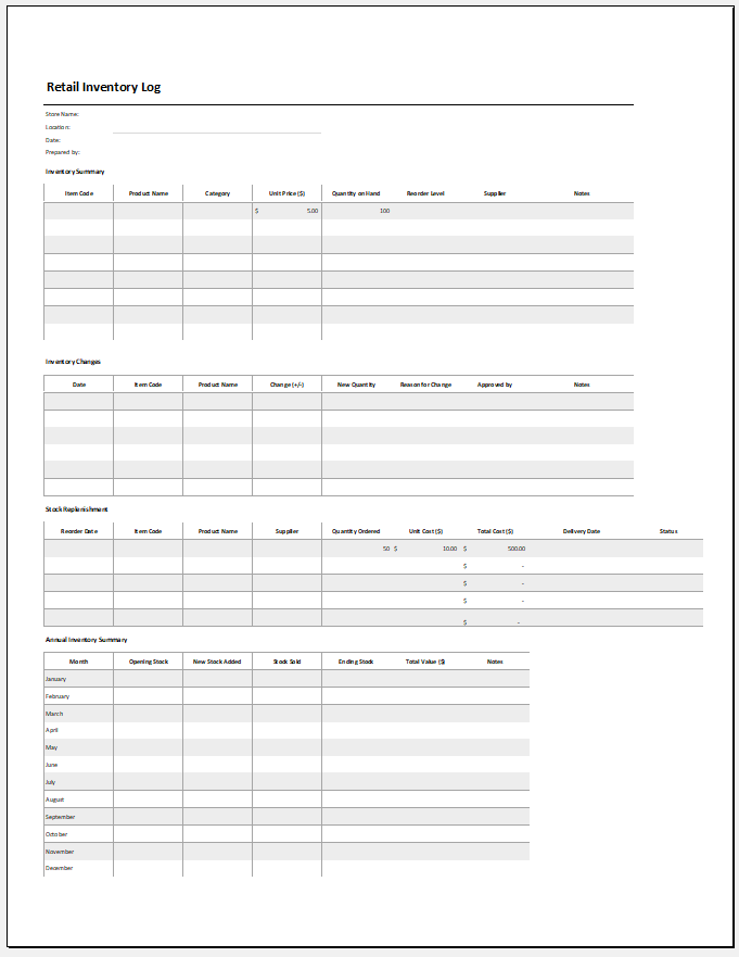 Retail inventory template