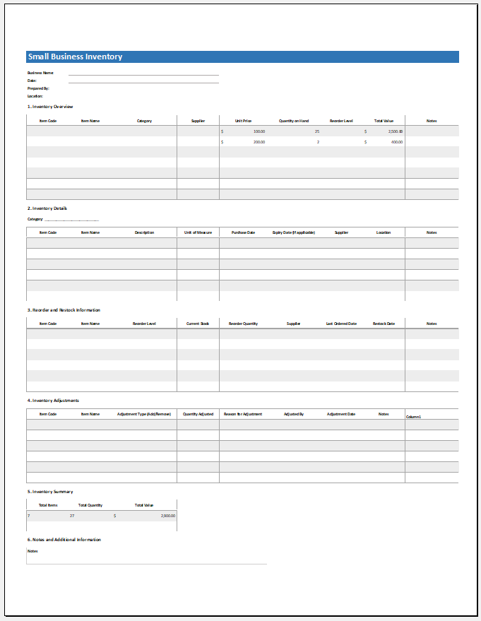 Small Business Inventory Template