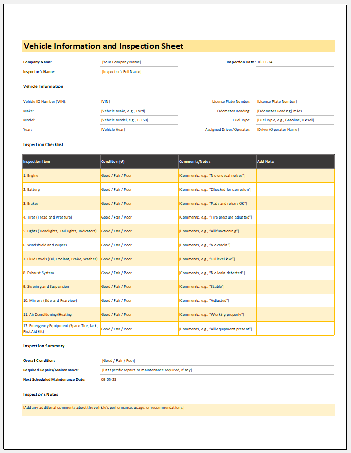 Vehicle Information and Inspection Sheet