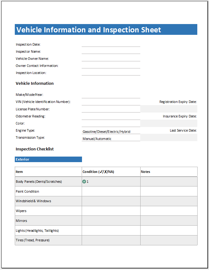 Vehicle Information and Inspection Sheet