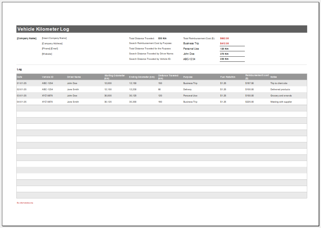 Vehicle Kilometer Log Template