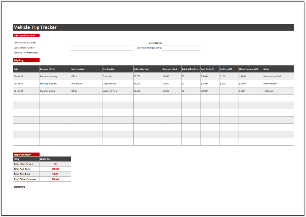 Vehicle Trip Tracker Template for Excel