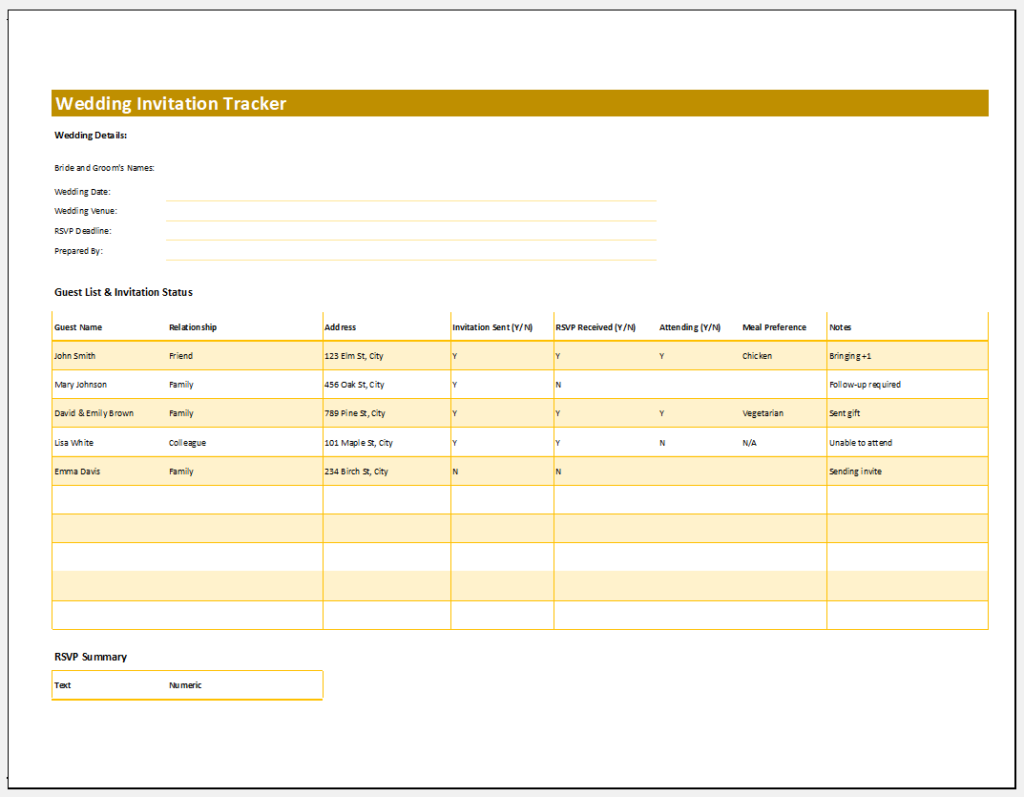 Wedding Invitation Tracker for XL