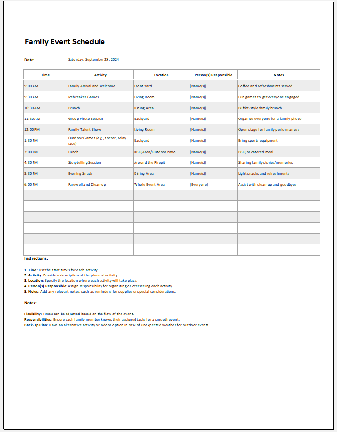 Family event schedule