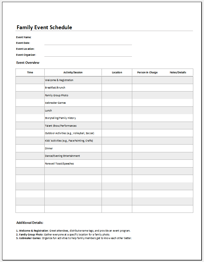 Family event schedule