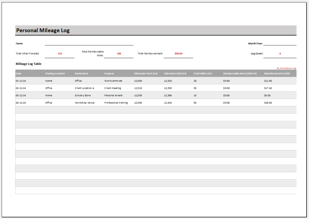 Personal Mileage Log Template for Excel