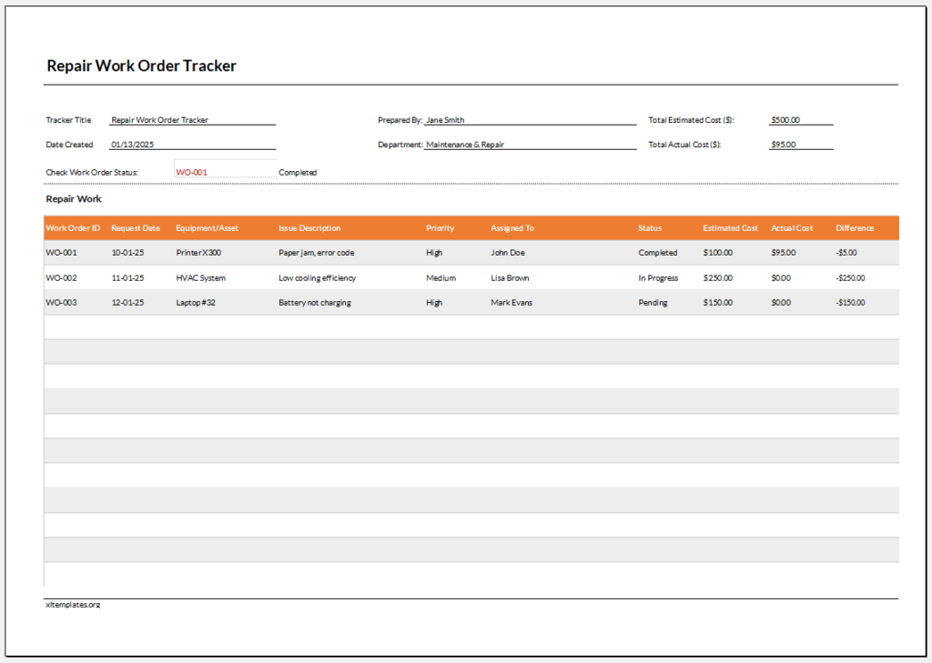 Repair Work Order Tracker