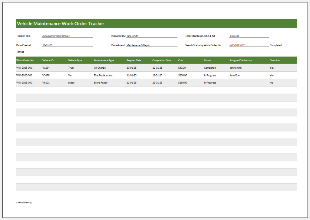 Vehicle Maintenance Work Order Tracker