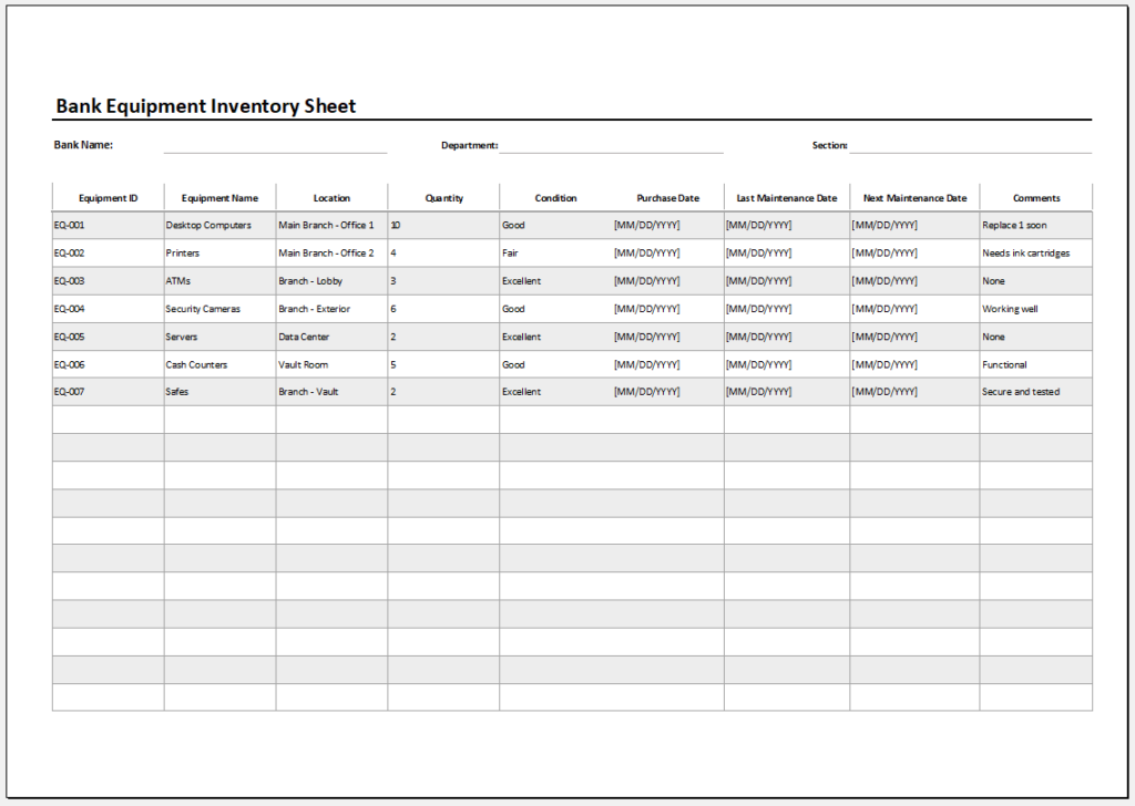 Bank Equipment Inventory Template