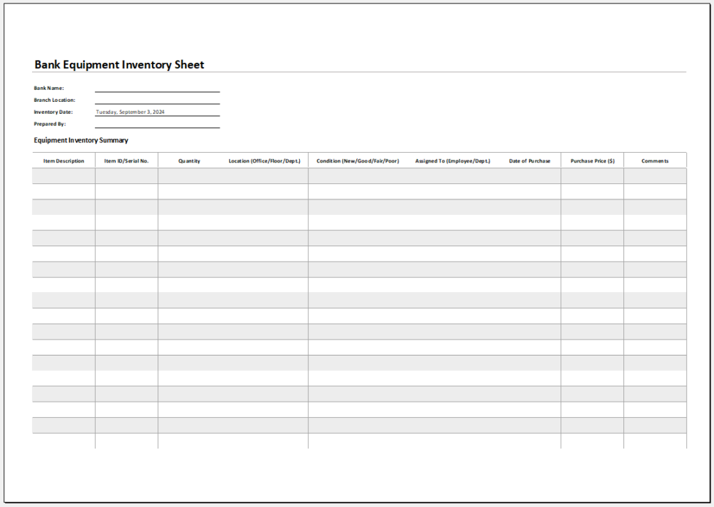 Bank Equipment Inventory Template