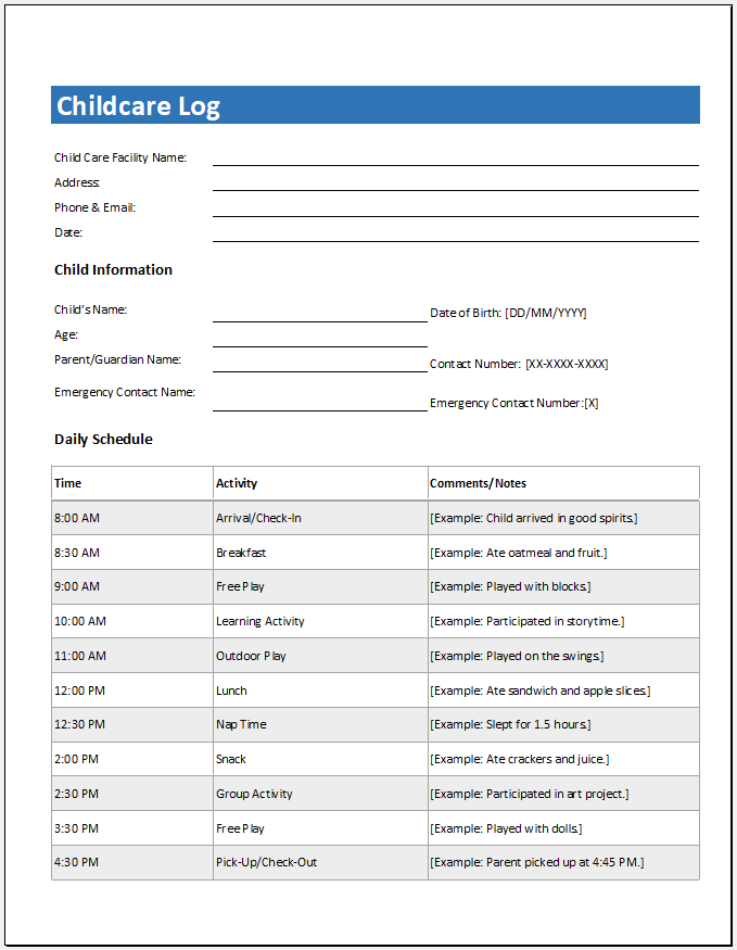 Childcare log template