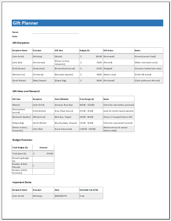 Gift Planner Template