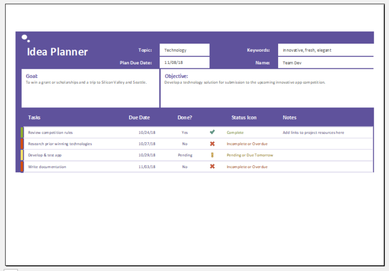 Goal, Task or Idea Planner Template from MS Excel Excel Templates