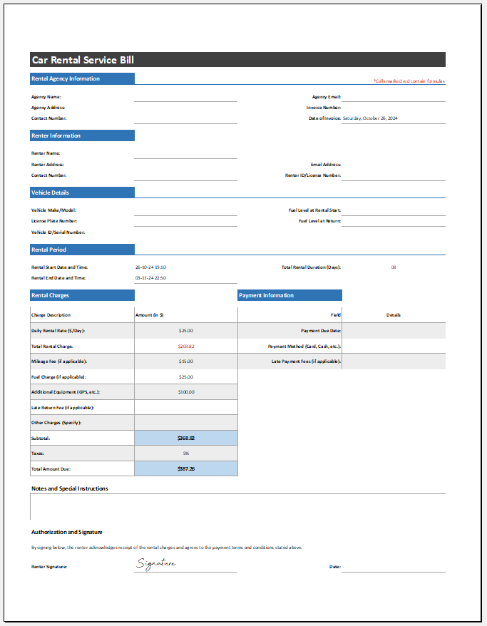 Car Rental Service Bill Template