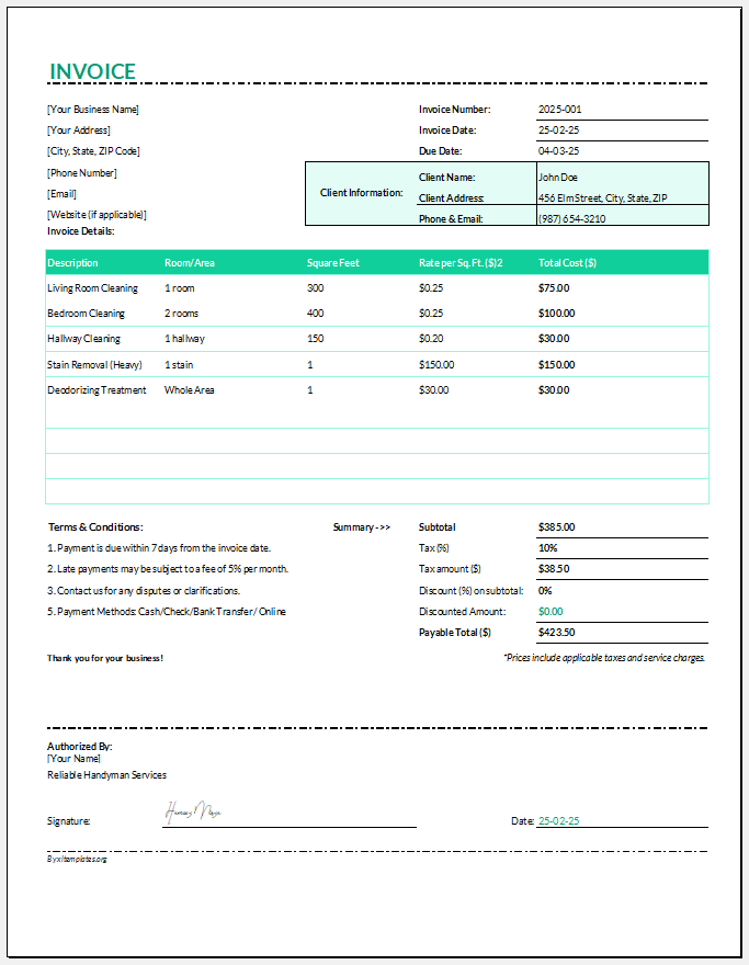 Carpet Cleaning Billing Invoice